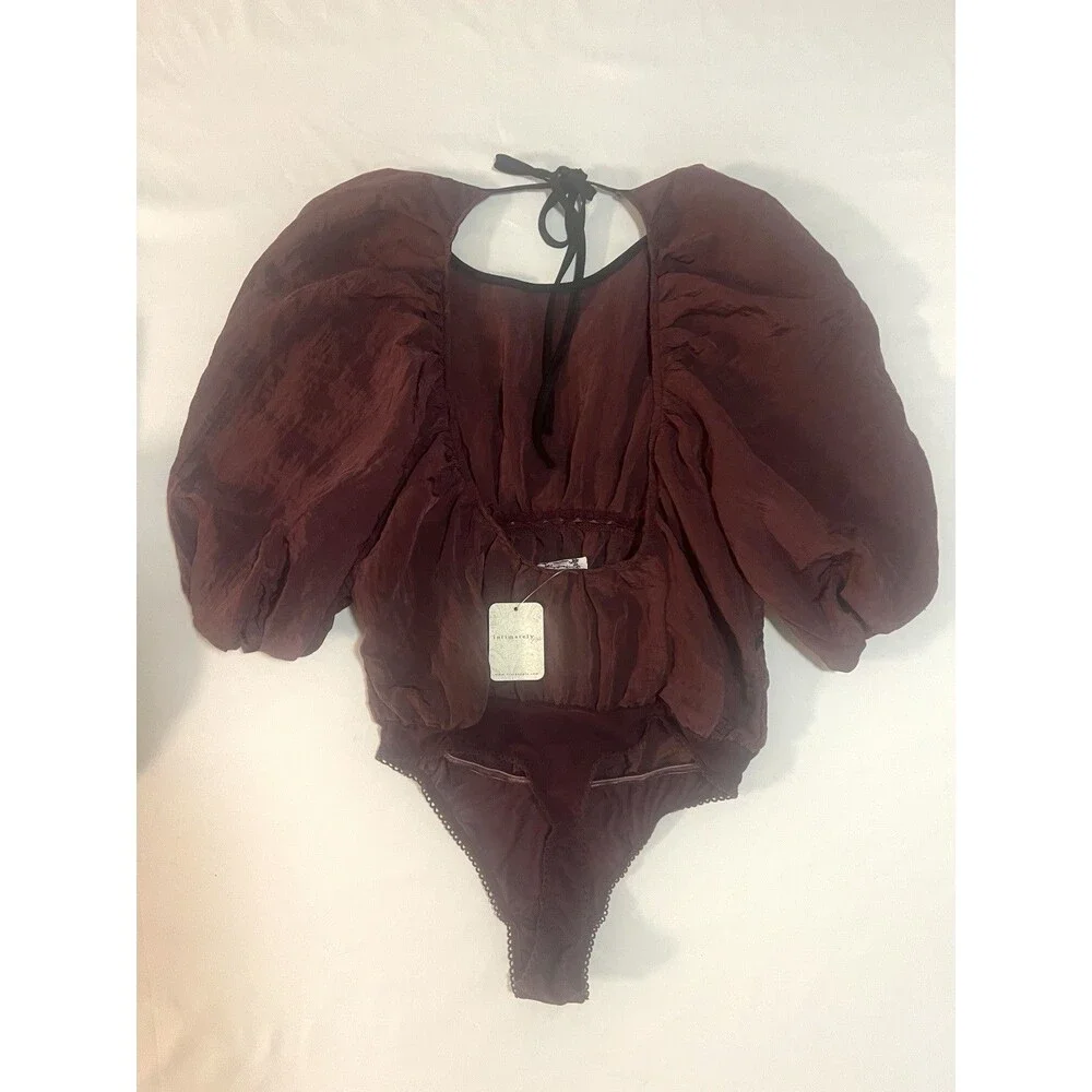 Free People Sweet Talker Thong Bodysuit S Shiraz Puff Sleeves Coquette Top Boho
